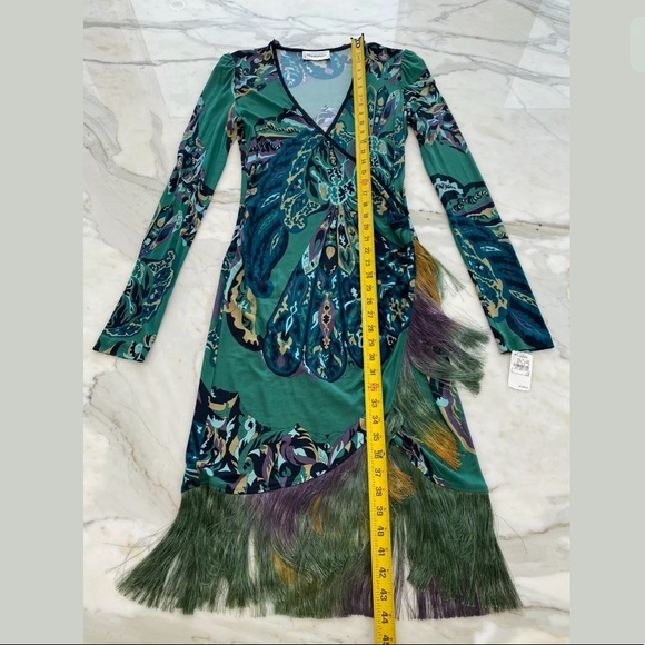 EMILIO PUCCI GREEN PRINTED FRINGE DRESS MODEL 17RG89 IT 46 / US 12 NWTS!
